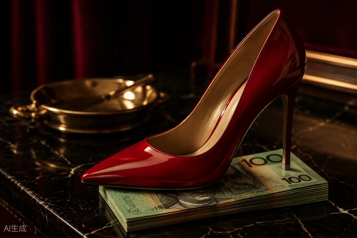 A red stiletto heel rests over Australian banknotes on black marble