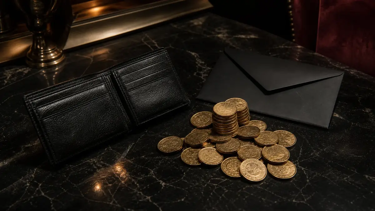 A black leather wallet, gold-toned coins and a sealed envelope on black marble