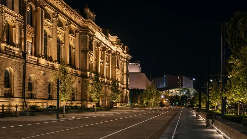 Adelaide civic architecture illuminated at night