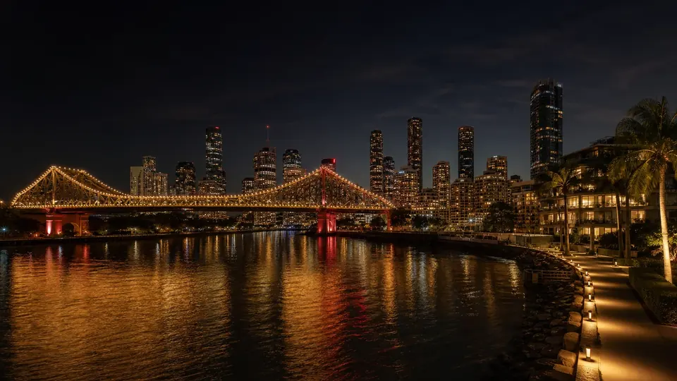 Brisbane Story Bridge and riverfront skyline at night