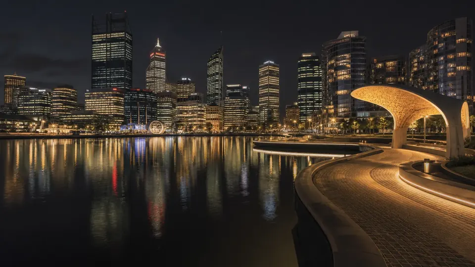 Perth skyline and Elizabeth Quay reflected at night