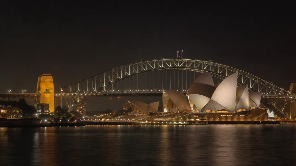 Sydney Opera House and Harbour Bridge illuminated at night