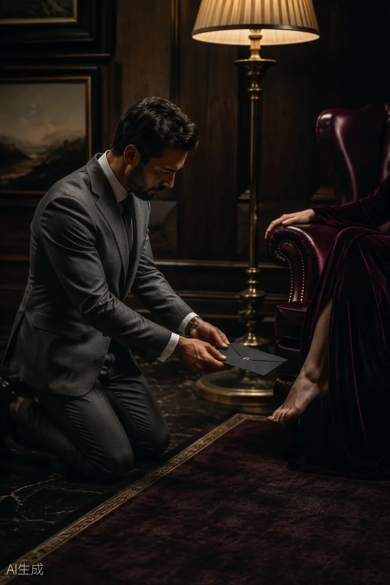 An Australian paypig kneels beside a leather chair offering a black tribute envelope
